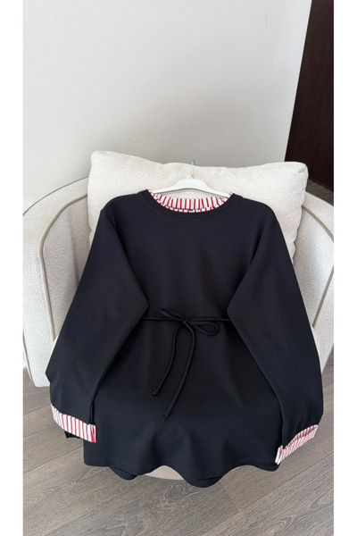 nizzell Tie-Up Sweatshirt with Striped Trim on Collar and Sleeves