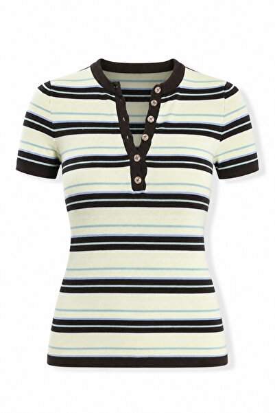 5in1Canpolat Brown Striped Buttoned Short Sleeve Knitwear 4752