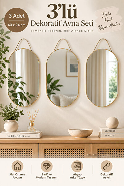 MAKRİ HOME 3’lü Dekoratif Çift Oval Duvar Aynası Seti Ahşap Arkalı Askılı 40x...