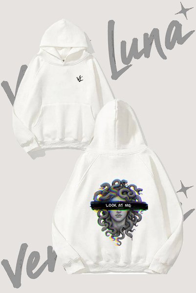 Vento Luna Glitch Medusa Design Back Printed White Hooded Sweatshirt