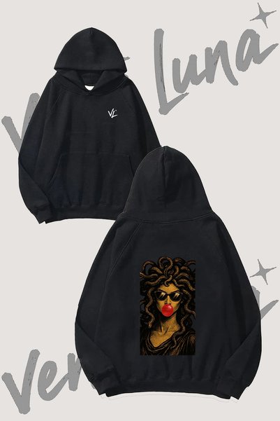 Vento Luna Medusa Bubblegum Design Back Printed Black Hooded Sweatshirt