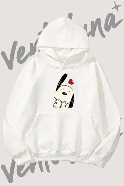 Vento Luna Snoopy Heart Tasarım Ön Baskılı Beyaz Kapüşonlu Sweatshirt
