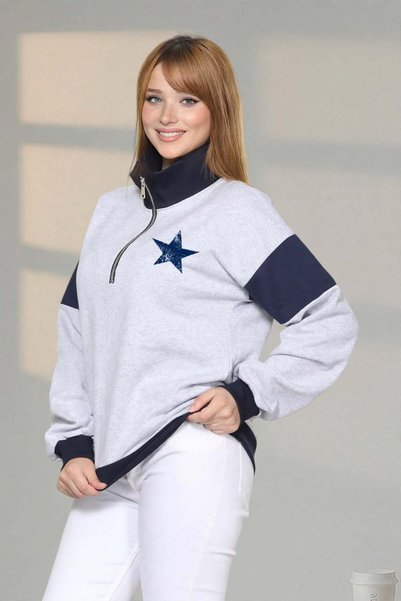 ESADE Women's Gray Navy Blue Front and Back Star Printed Stand Collar Half Zipper Sports Model Daily Use Sweatshirt