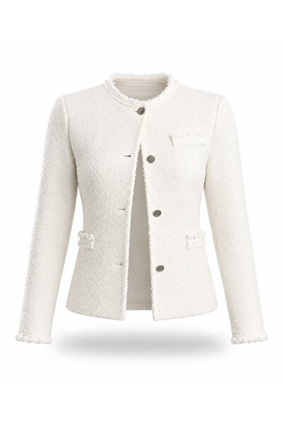 5in1Canpolat Ecru Buttoned Tweed Jacket 03044