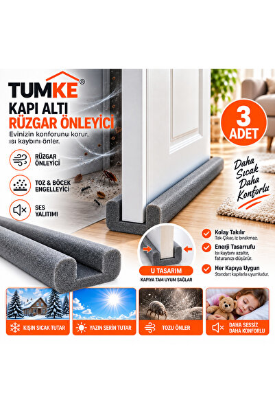 TUMKE Kapı Altı Rüzgar Önleyici 3 Adet – U Tipi Kapı Altı Süngeri, Ses Isı Toz ve Böcek Engelleyici Yalıtım Süngeri Izolasyon Bandı