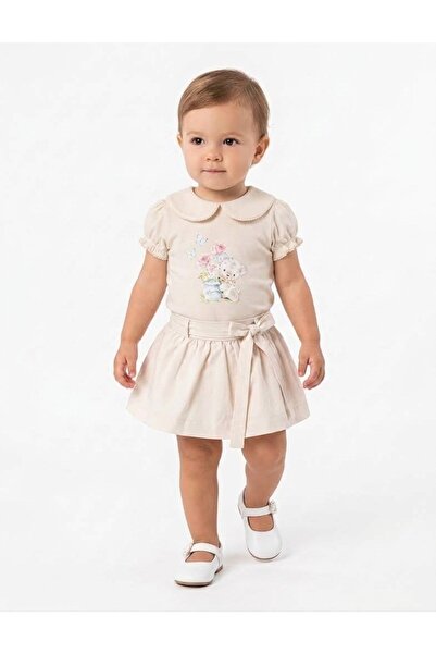 Moonstar Girls' Set White and Pink Embroidered Top and Skirt Set with Belt