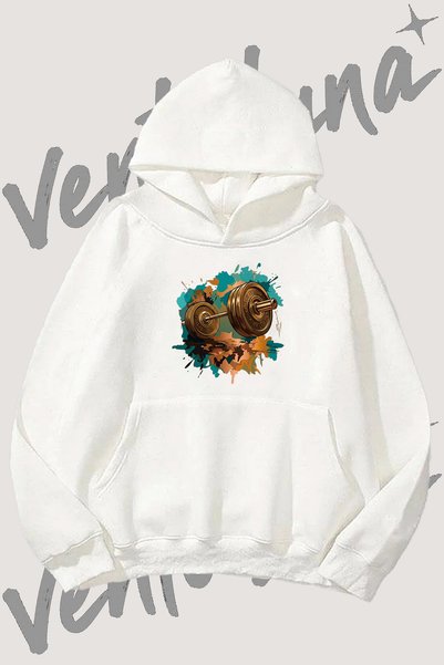 Vento Luna Barbell Weightlifting Design Pre-Printed White Hooded Sweatshirt