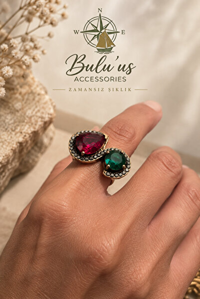 BULU'US ACCESSORIES Bronz Zümrüt ve Yakut Taşlı Kadın Yüzük – Zirkon Taş Deta...