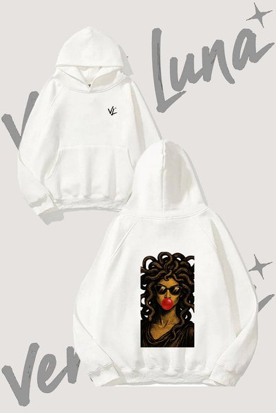 Vento Luna Medusa Bubblegum Design Back Printed White Hooded Sweatshirt