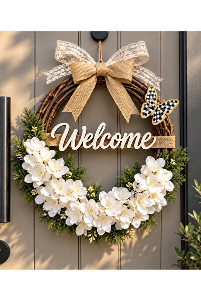 Marrone Welcome Yazılı Ortanca Çiçeği Kapı Süsü