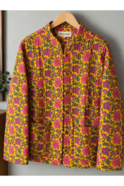 Yoncha Yellow Floral Patterned Quilted Jacket