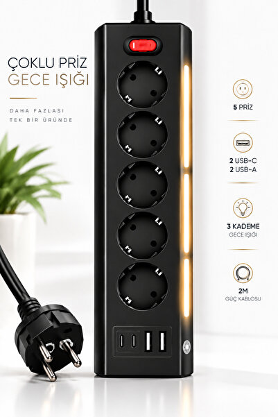 RAYLAX Gece Işıklı 5’li Akım Korumalı Çoklu Priz 2 USB-C + 2 USB-A 3 Kademeli 2M