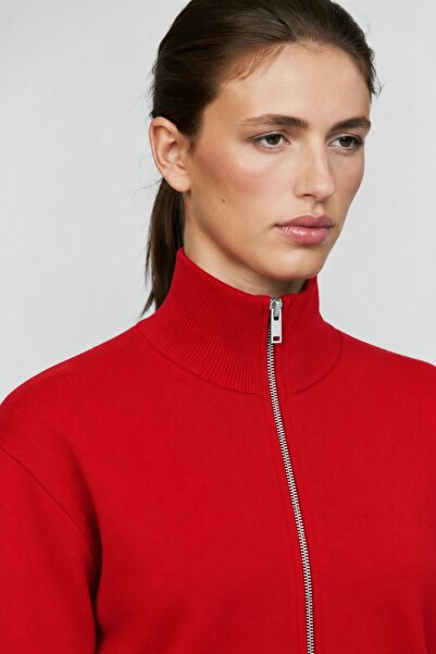 5in1Canpolat Red Mock Neck Zippered Cardigan 0657