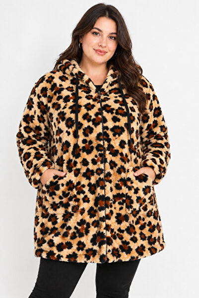 ZELASU Women's Leopard Patterned Plush Jacket Hooded Zipper Plus Size Oversiz...