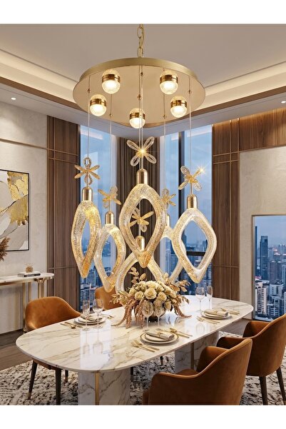 Gold Kelebekli 6'lı Kristal Led Avize - Bal Renk Cam Sarkıt Modern Salon Yemek Odası Avizesi