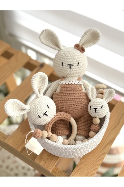 Happy Moon Bebek hediyesi el örgüsü hediye sepeti tavşancık uyku arkadaşı çın...
