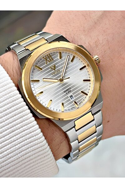 Fiesta Silver-Gold Color Steel Cord Steel Case Men's Wristwatch with Calendar...