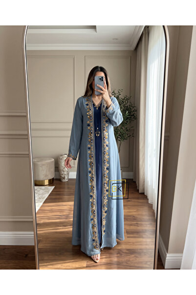 baytalkuayt 6006 Silver Vertical Embroidery Royal Belted Kaftan Evening Dress