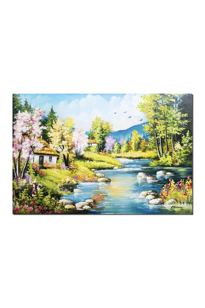 artnova Tablou gigant peisaj de primavara cu pomi infloriti pictat manual, Ma...