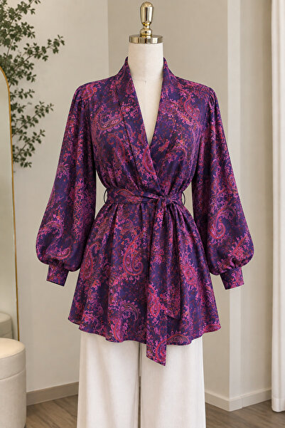DİLEKBUTİK Şal desen buzi esnek beli kemerli kimono