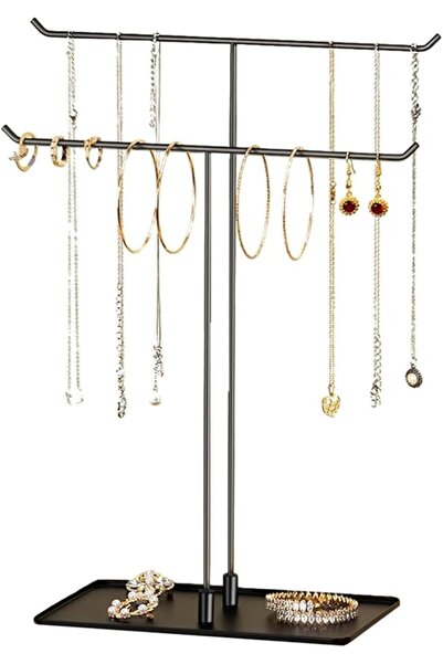 Tazweeq 2-Tier Jewelry Organizer Stand, Black Metal, T-Bar Necklace Holder wi...