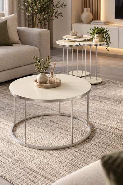 SuloraHome Gümüş Metal Ayaklı Krem Renkli 4'lü Sehpa Seti