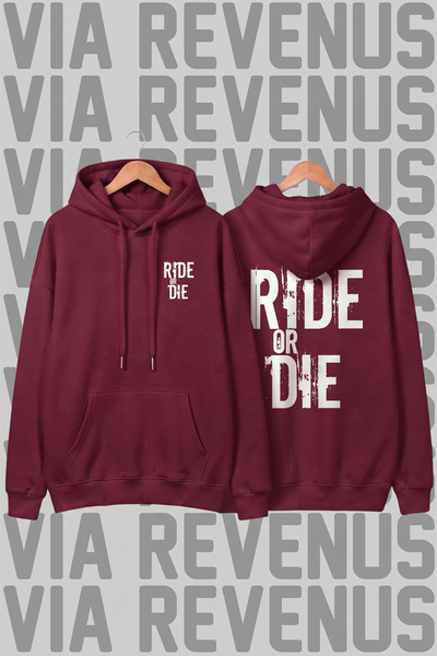 Vordevia Biker Printed Burgundy Wide Fit Hoodie Sweatshirt - 3 Thread Fleece ...