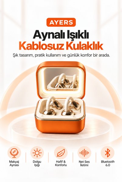 Ayers Kadınlar İçin Bluetooth 6.0 Aynalı ve Dolgu Işıklı Kablosuz Kulaklık, M...