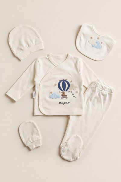 CELYSE Newborn Cotton 5-Piece Boxed Hospital-Issued Punch Embroidered Striped Baby Set 0-3 Months