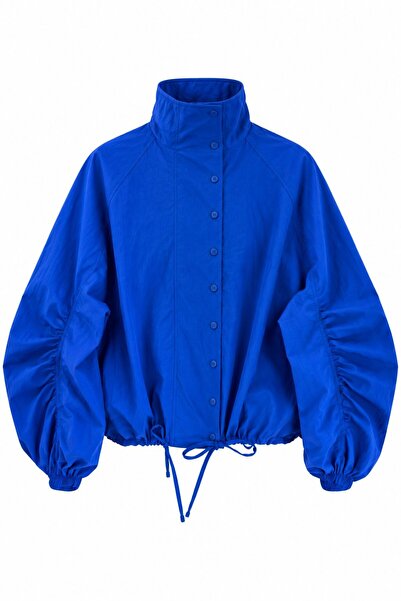 Laluvia Saks Blue Drawstring Sleeves High Collar Parachute Jacket - 5167