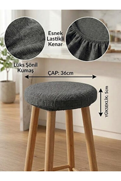 Alpateks Home Yuvarlak Lastikli Tabure Kılıfı 36x36+8cm Lüx Şönil Kumaş 4 Adet