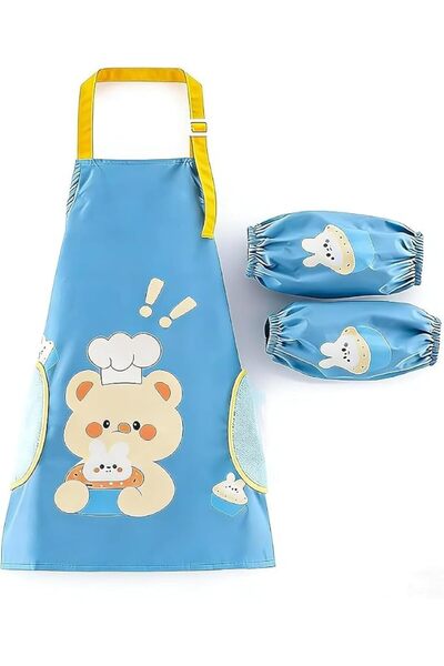 Tazweeq Kids Apron Set with 2 Sleeve Guards, Blue, Polyester, Waterproof and ...