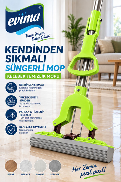 EVİMA Kendinden Sıkmalı Süngerli Mop Kelebek Temizlik Mopu