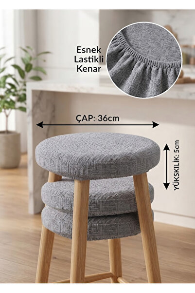 Alpateks Home Yuvarlak Lastikli Tabure Kılıfı 36x36+8cm Lüx Şönil Kumaş 4 Adet