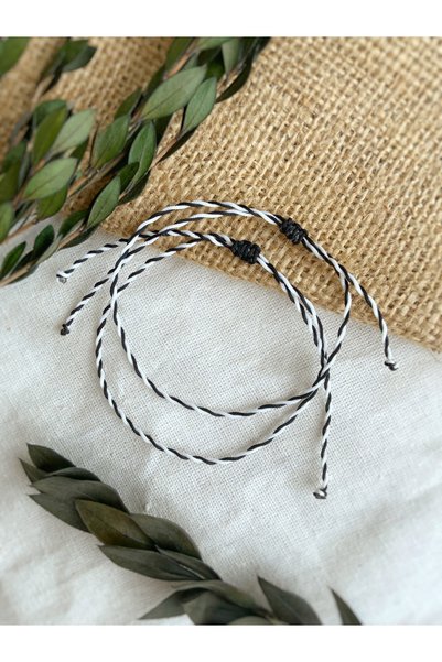 Atölye Merdiven Black and White Rope Fan Bracelet Set of 2 Adjustable Unisex Couple Bracelets
