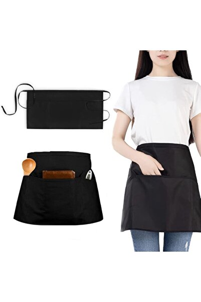 TERRIFI Waist Apron, Half Waist Apron with 3 Pockets, 4-Piece Black Server Ap...