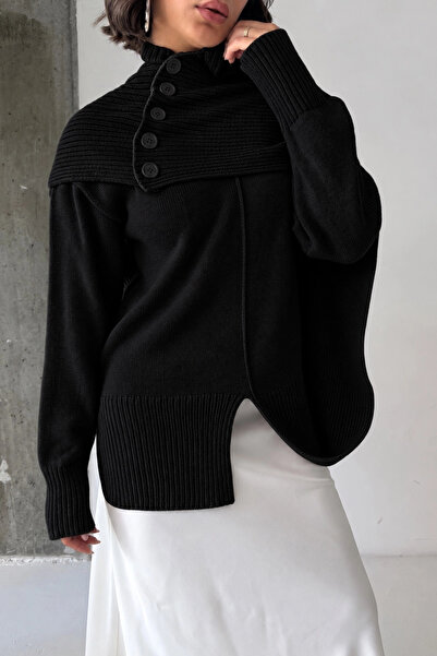 Lusin Women's Black Buttoned Shawl Detailed Slit Premium Quality Knitwear Pon...