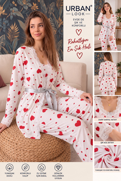 Urban Look Women's Navy Blue Polka Dot Pajama Set with Lace Detail, Long Slee...
