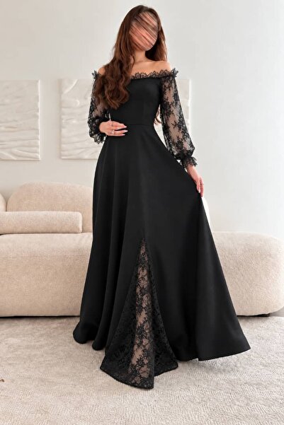 cucci فستان سهرة أسود طويل بأكمام دانتيل وياقة أوف شولدر