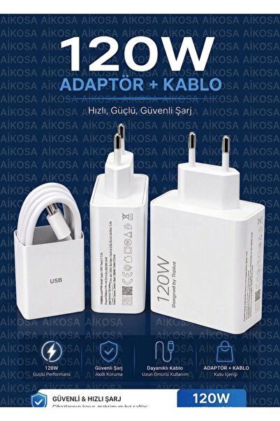 Aikosa 120W Ultra Hızlı Şarj Cihazı Adaptör Ve Type-C Kablo Seti 6A Destekli ...