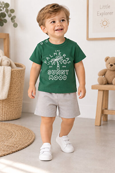 İŞLERKİDS Boys' Summer 2-Piece Set: Short Sleeve Printed T-Shirt and Shorts
