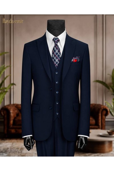 ilayda emir Men's Slim Fit 3 Piece Suit Navy Blue with Vest