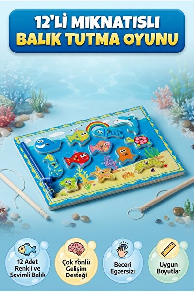 Tıfıl Toys Mıknatıslı Balık Tutma ve Eğitici Puzzle Oyunu 12 Balıklı Çok Yönl...