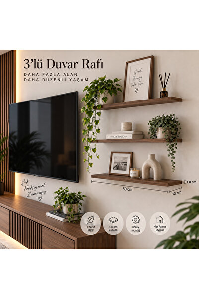 Son Mutfak Mobilya Koyu Ahşap Duvar Rafı Uçan Raf (50-50-50)