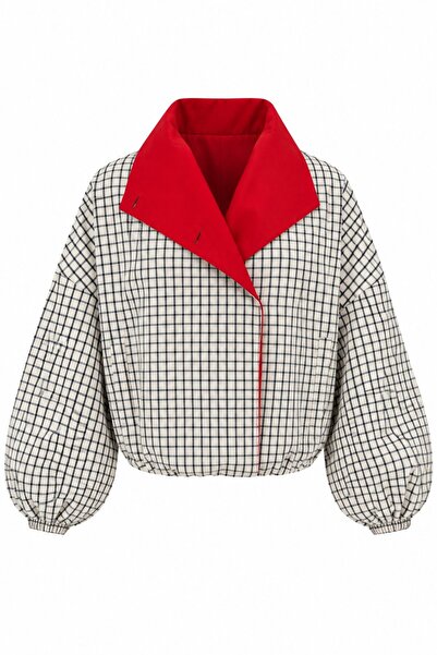 Laluvia Beige Red Lined Plaid Jacket - 9054