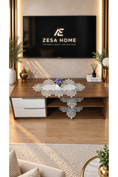 ZESA HOME Luxury French Lace, Linen Gardenia, 3 Piece Tv Unit Cover, Living R...