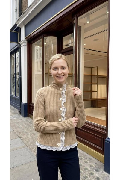 RECEP AYDIN Lace Detailed Ribbed Knit Cardigan