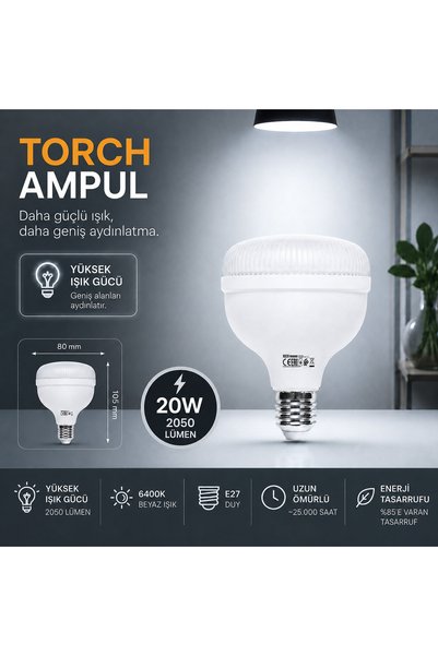 repplam 20 Watt Beyaz Işık Torch Ampul 2050 Lümen Yüksek Lümen Yüksek Işık Bü...
