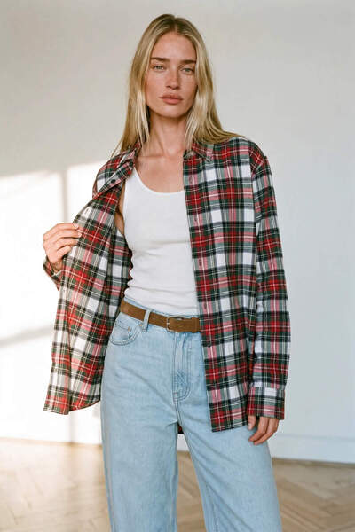 Sue Store Kırmızı Yeşil Ekoseli Oversize Oduncu Gömleği