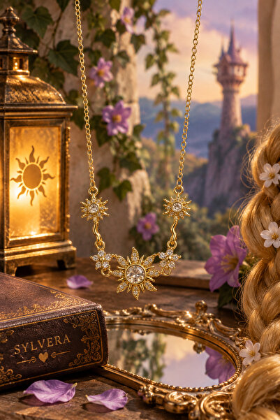 Sylvera Shop Rapunzel Sun Symbol White Stone Steel Necklace (Gold Color)